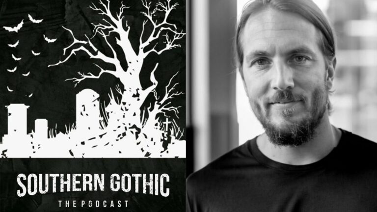 The logo for the Southern Gothic Podcast set next to a black and white photo of Brandon Schnexnayder.